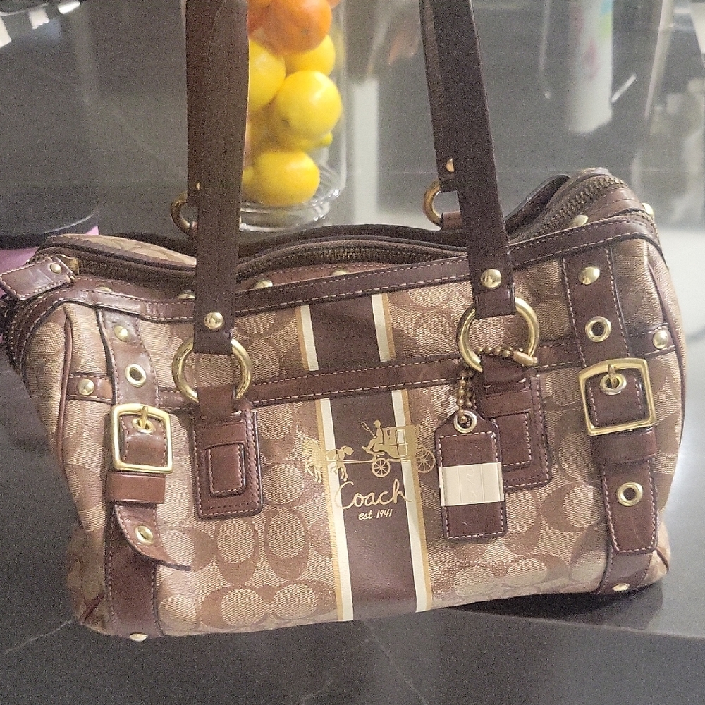 Coach Brown and Cream Signature Stripe Shoulder Bag